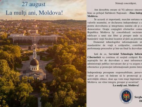 Mesajul de felicitare al Directorului Serviciul Tehnologia Informației și Securitate Cibernetică cu ocazia Zilei Independenței