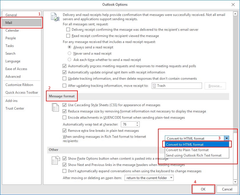 Ghid pentru dezactivarea winmail.dat în Outlook 2010, 2013, 2016 - pasul 3